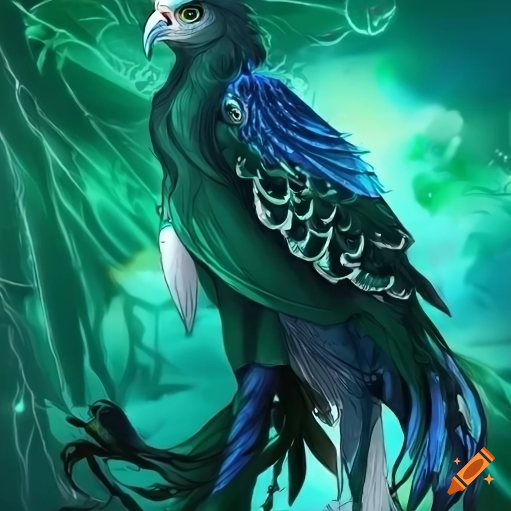 Futuristic hawk in viridian green, blue, and white colors with an emerald backdrop