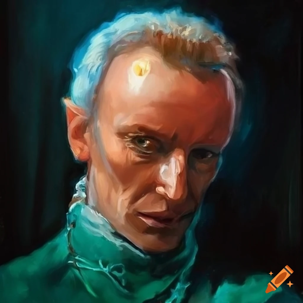 Oil painting of musician Sting as an elf in a fantasy setting