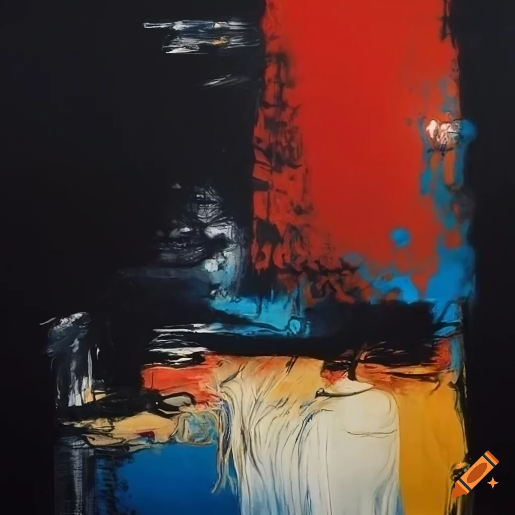 Abstract oil art inspired by Amano and Zao Wou-Ki with red, black, yellow, blue, white elements