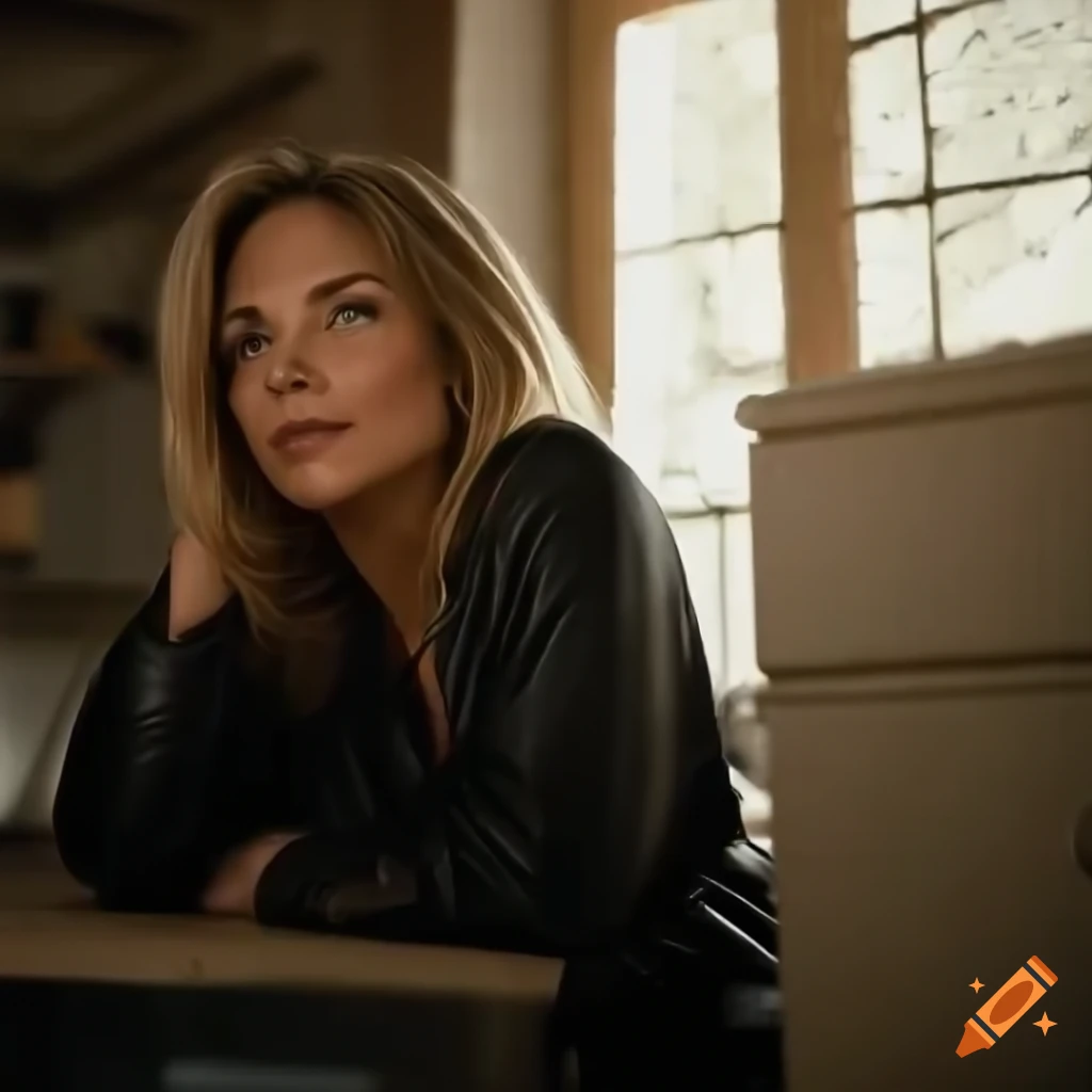 Blonde actress in country plaid shirt and black leather trousers peeking through farmhouse kitchen