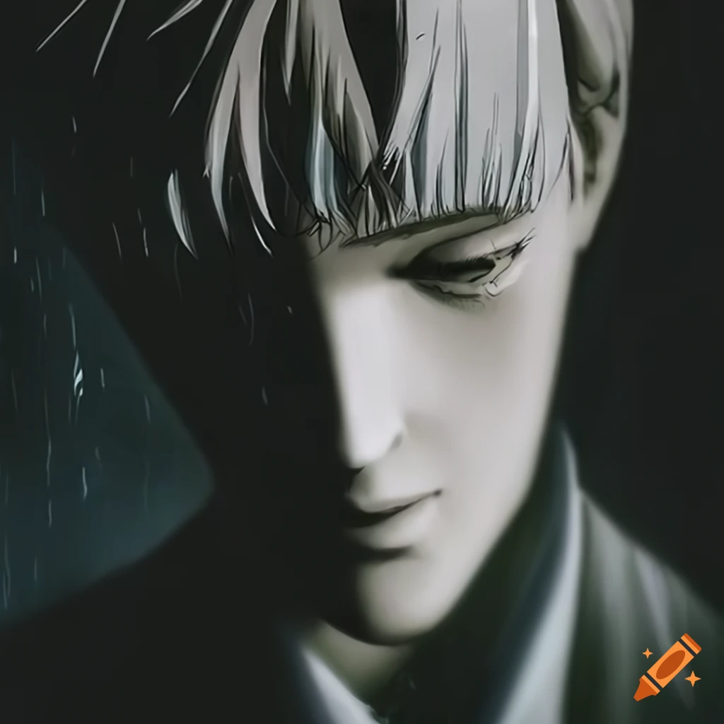 Closeup of anime character Johan Liebert in the rain
