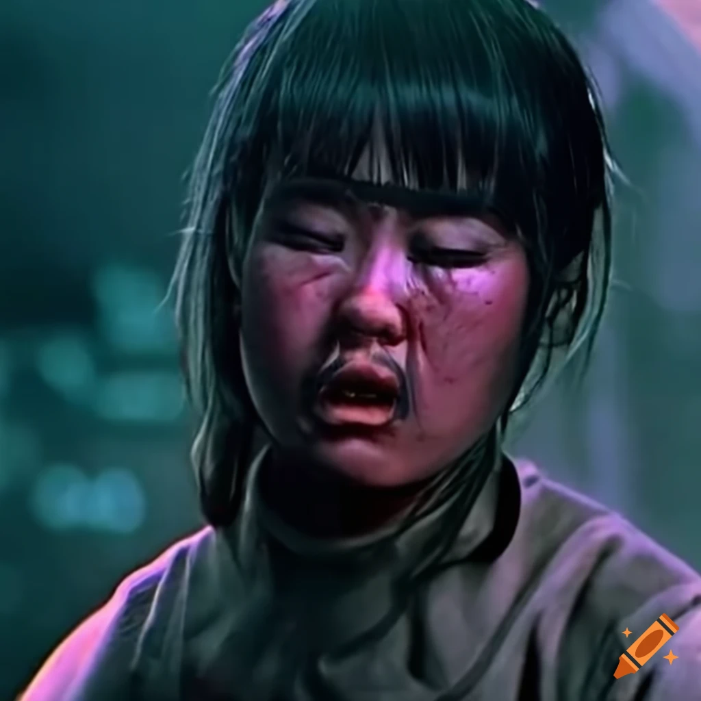 Expressive closeup of a disheveled and bruised Chinese female fighter in a 70s movie scene