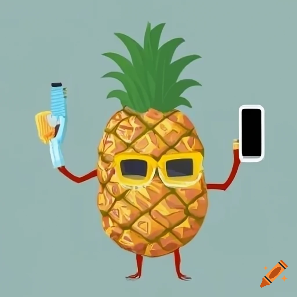 Pineapple with sunglasses, waving a toothbrush and holding a cellphone