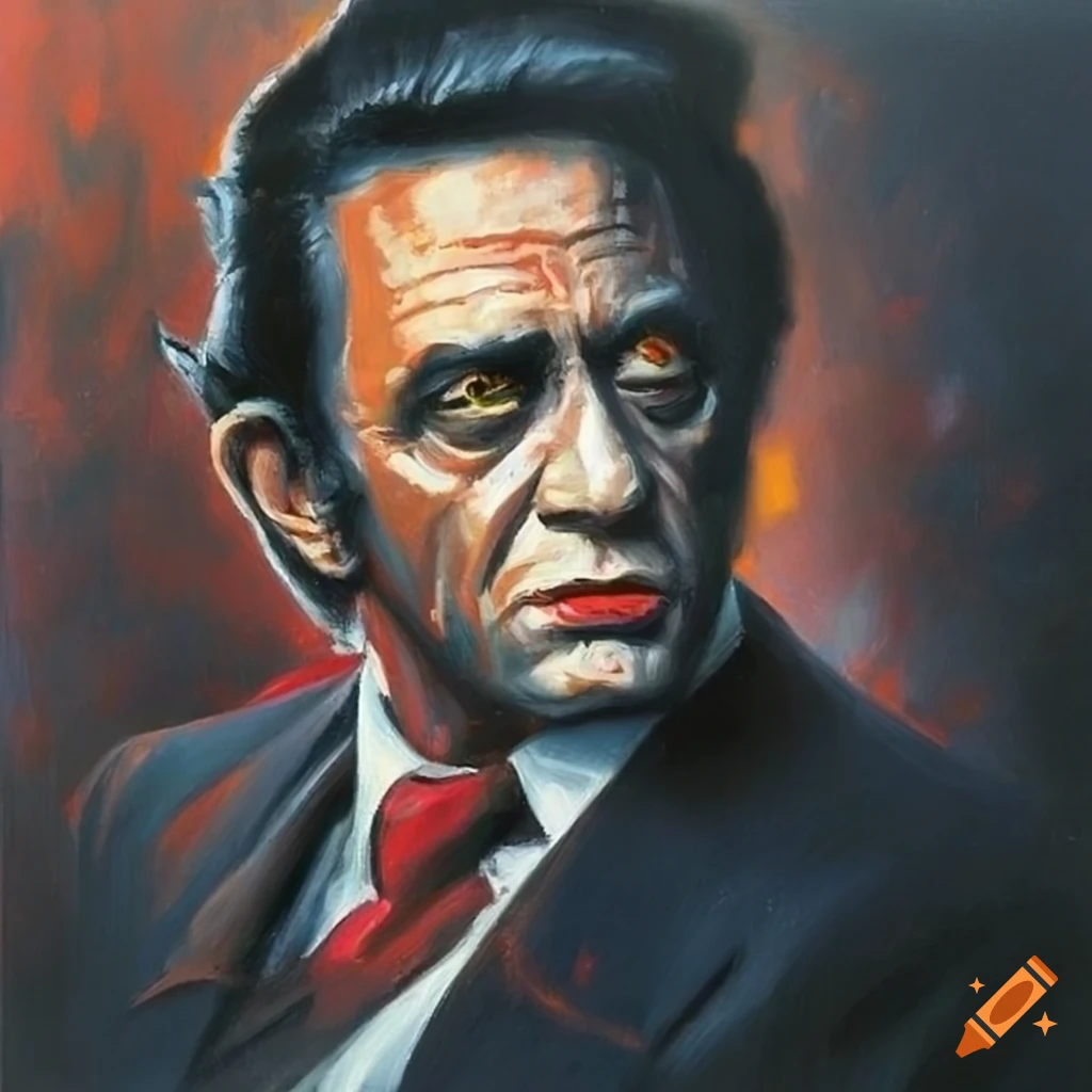 Oil painting of johnny cash the vampire in black on Craiyon
