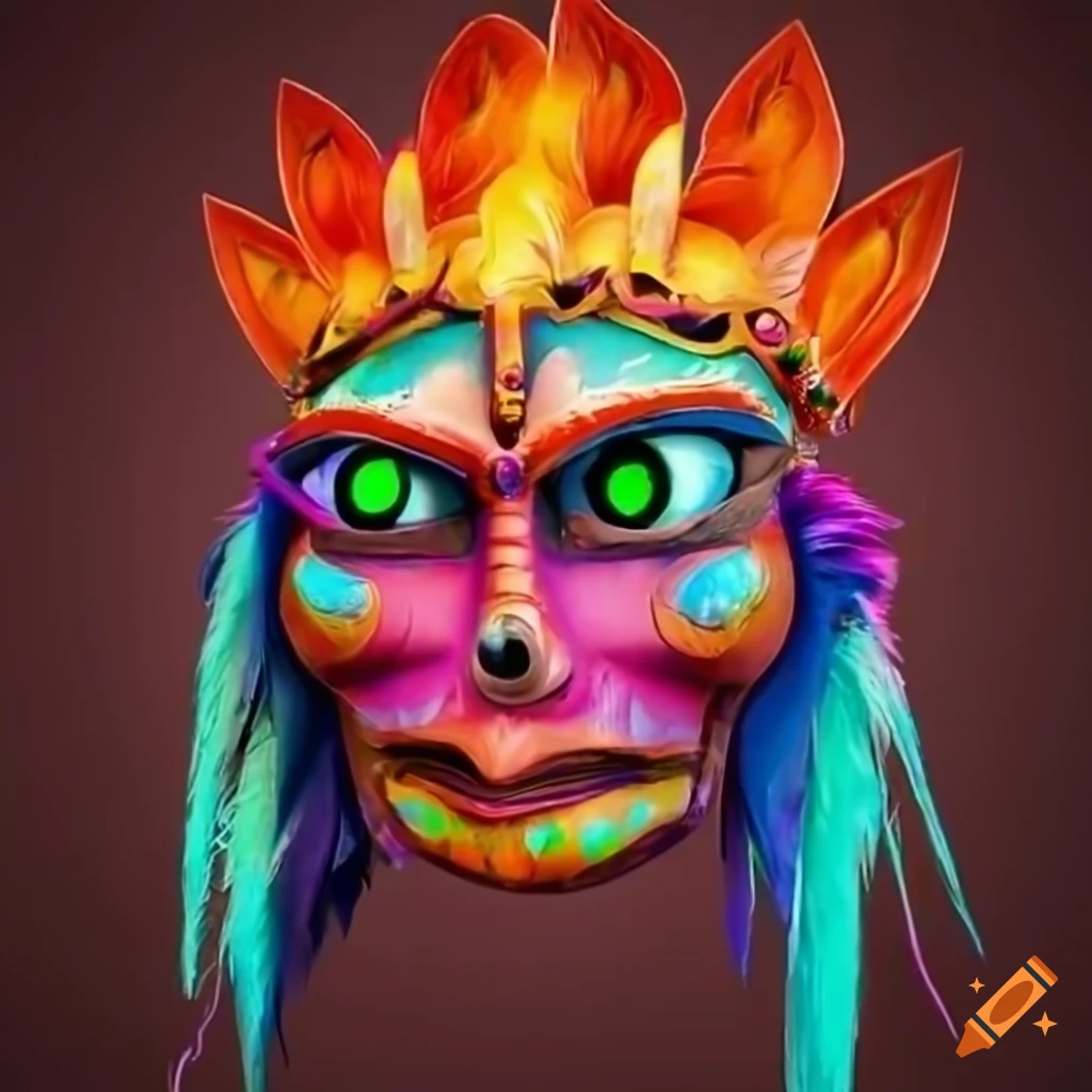 Intricately detailed queen's Sumarian wooden mask with vibrant colors and symbolic details