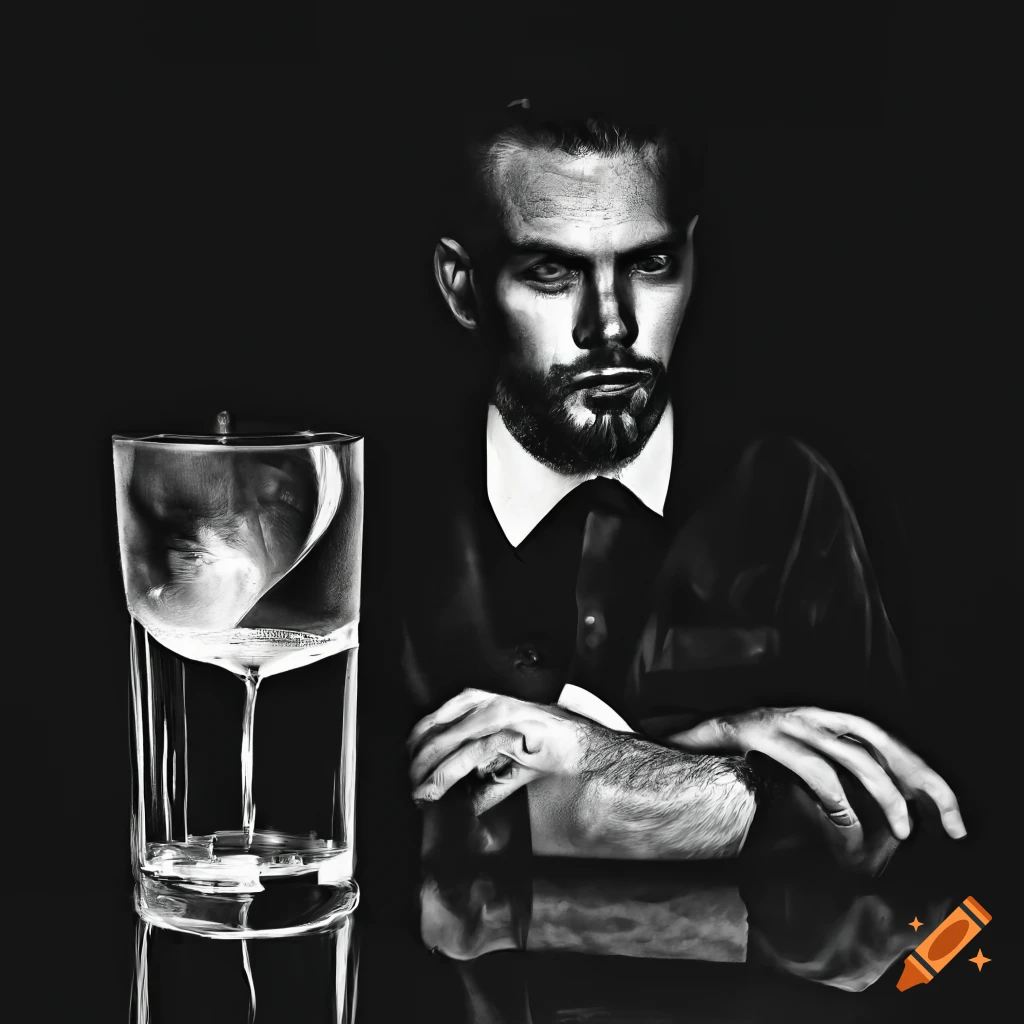 High contrast black and white scratchboard still life of a bar with fancy cocktails on Craiyon