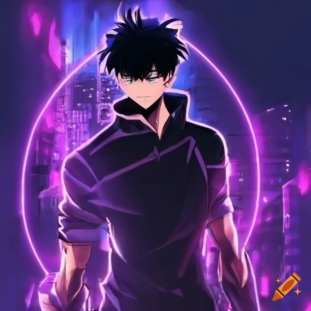 Male anime character Sun Jin Woo in a dark purple and blue neon city