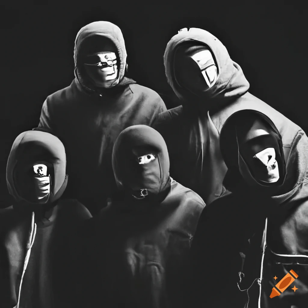 Group of people with ski masks and cars on a white background
