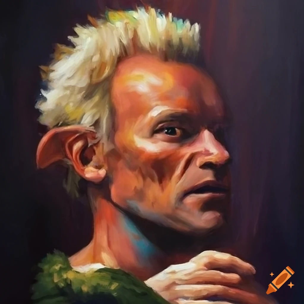 Oil painting of musician Sting as an elf in a fantasy setting
