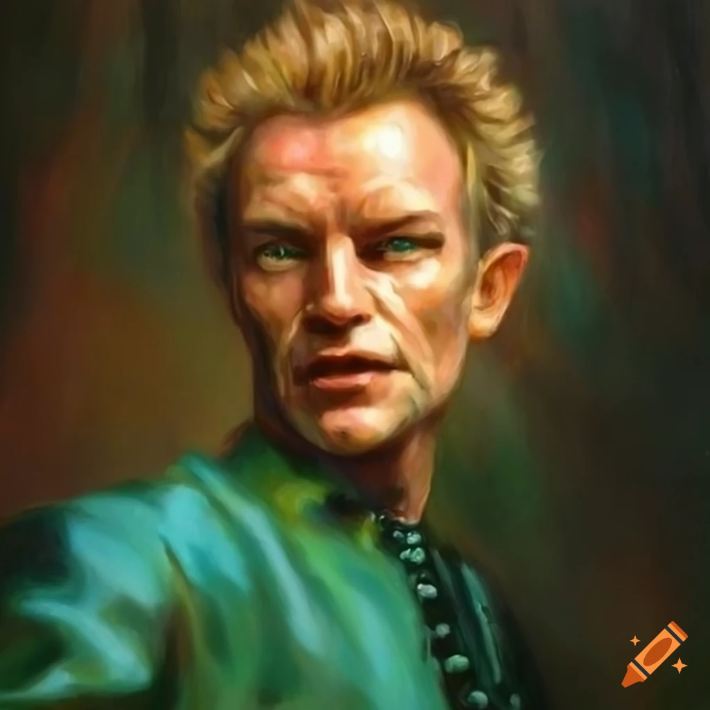 Oil painting of musician Sting as an elf in a fantasy setting
