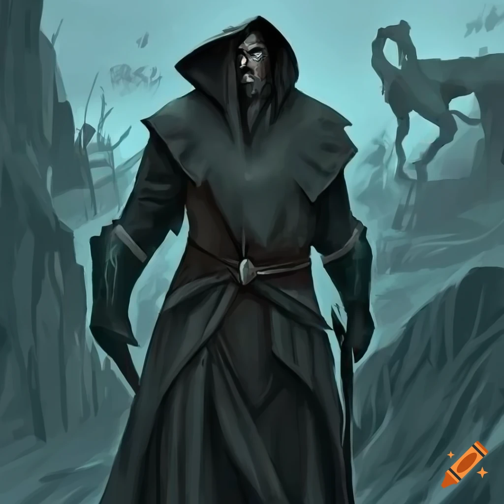 Dark sorcerer in a hooded cloak with a magical staff in barren lands