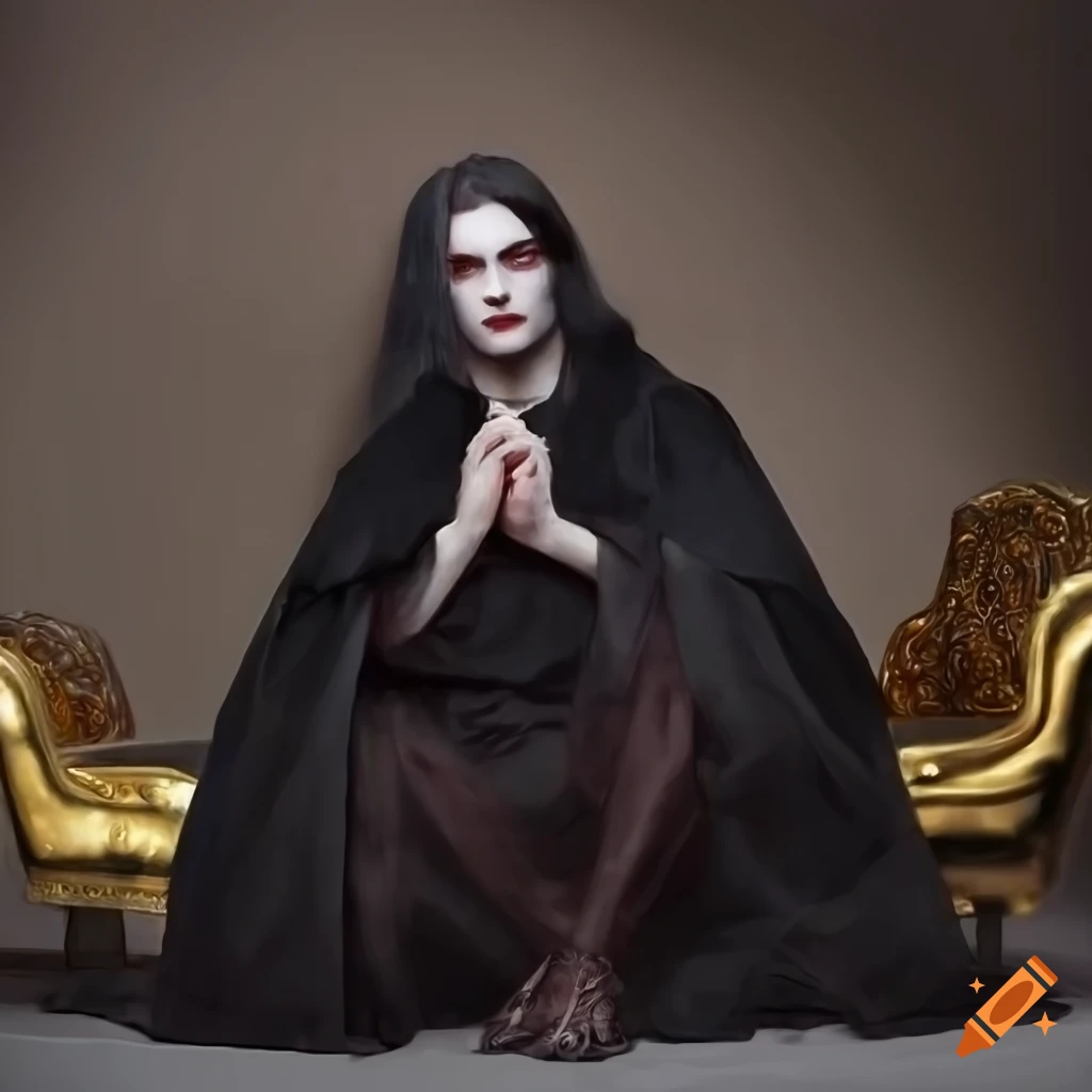 Young handsome vampire in black robe sitting in a golden armchair