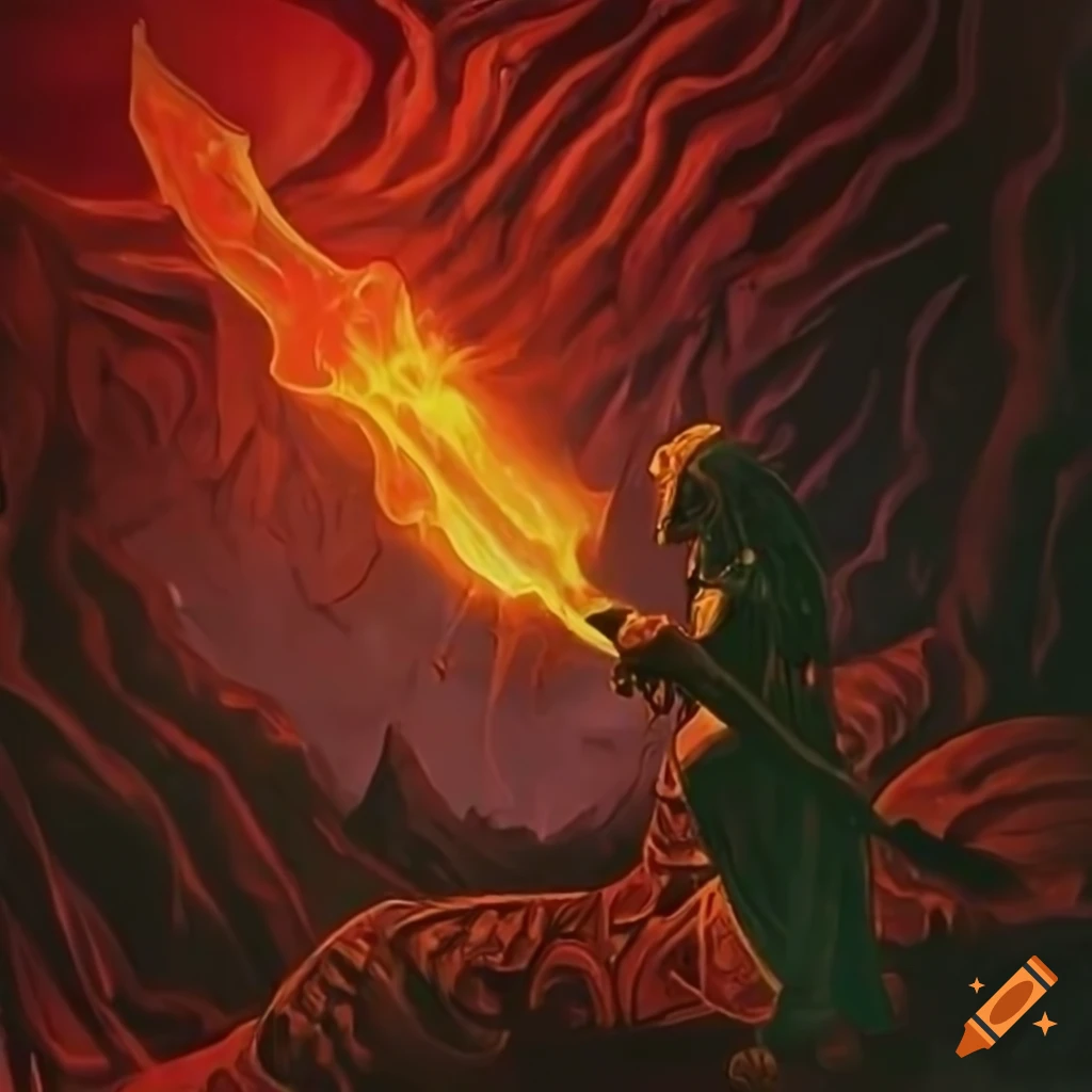 Poison flame long-sword with green aura in a castle setting inspired by Moebius