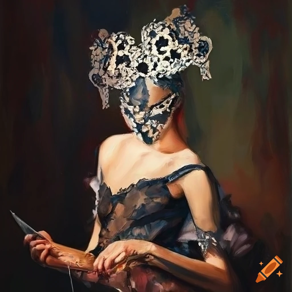 Dancer with lace mask in Malcolm Liepke style using palette knife
