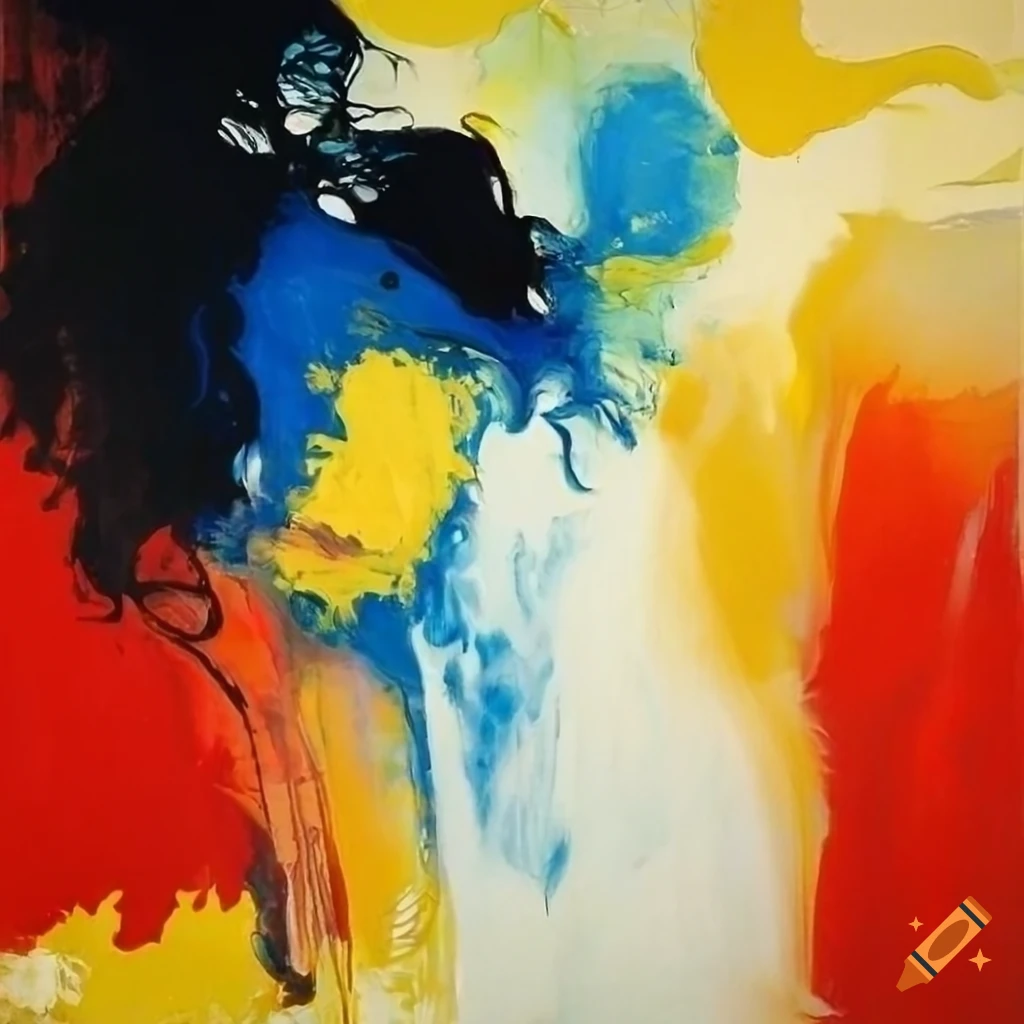 Stunning abstract art piece by Rauschenberg with influences of Amano and Wou-Ki, red, black, yellow, blue, white colors, depicting a moist lake, mountain, and white space