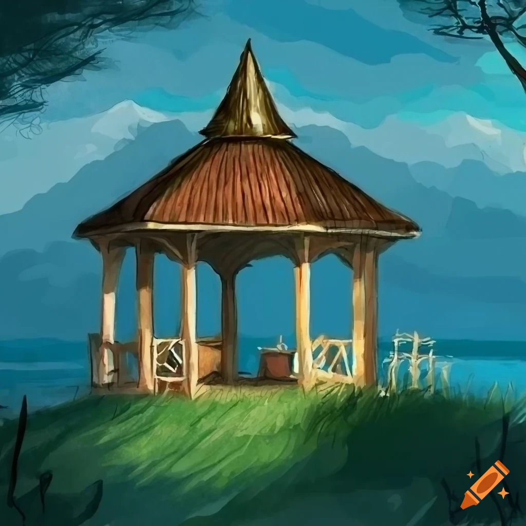 Sketch of a small gazebo with a birthday party on a high hill overlooking a lake