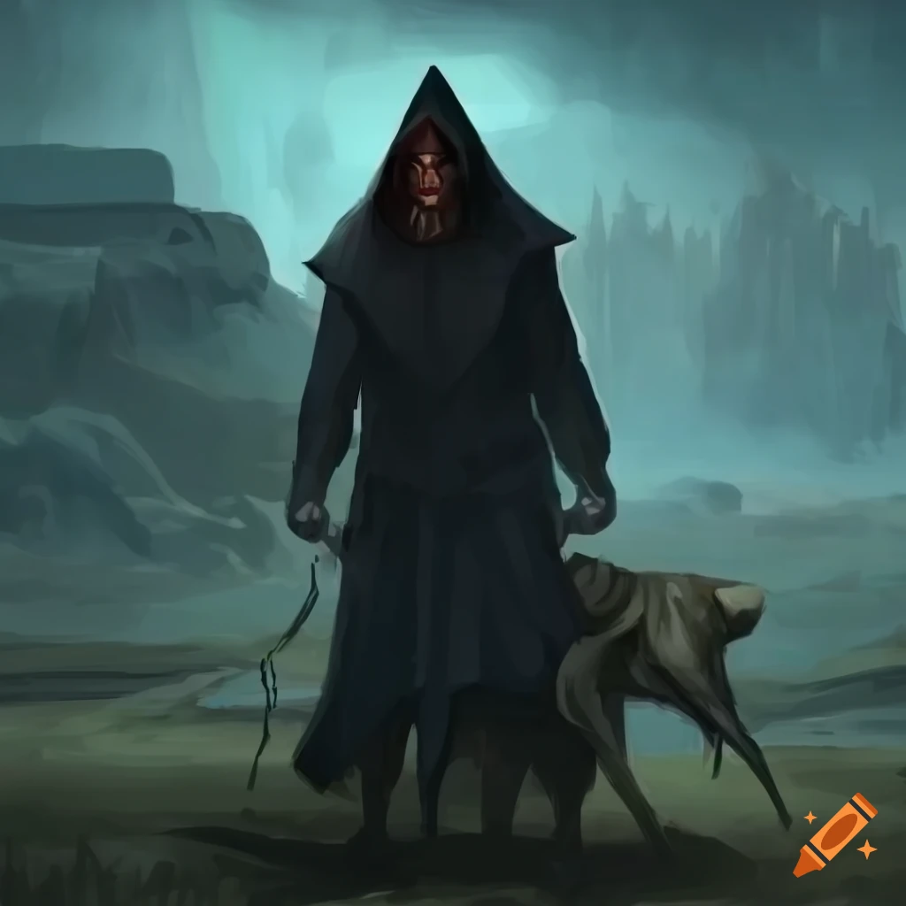 Dark sorcerer resembling Death with an iron magical staff in barren lands