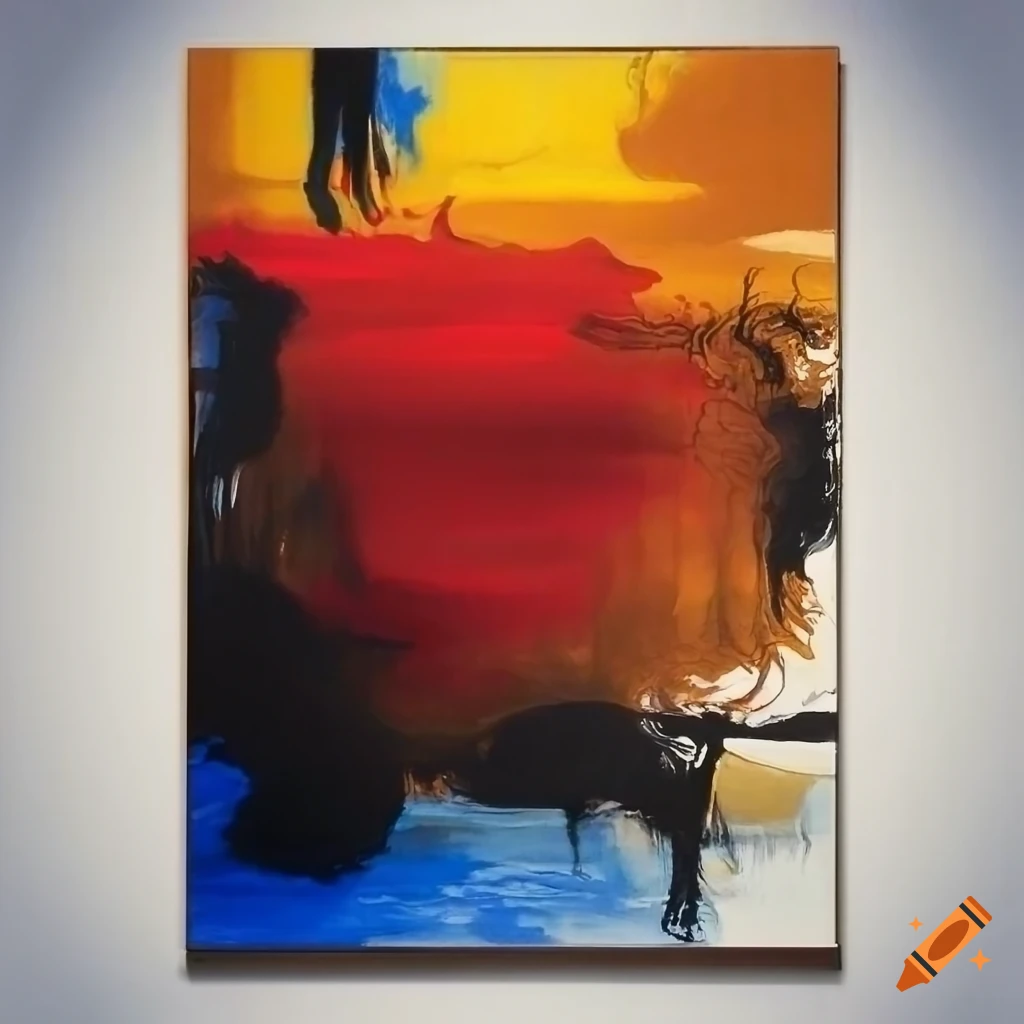 Stunning abstract art piece by Rauschenberg with red, black, yellow, blue, and white elements