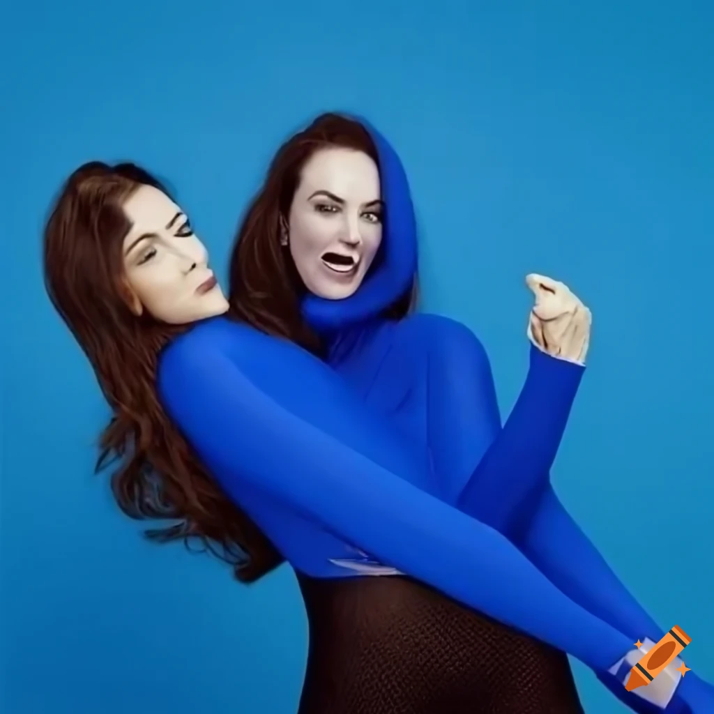 Two women hugging in matching outfits creating a two-headed illusion