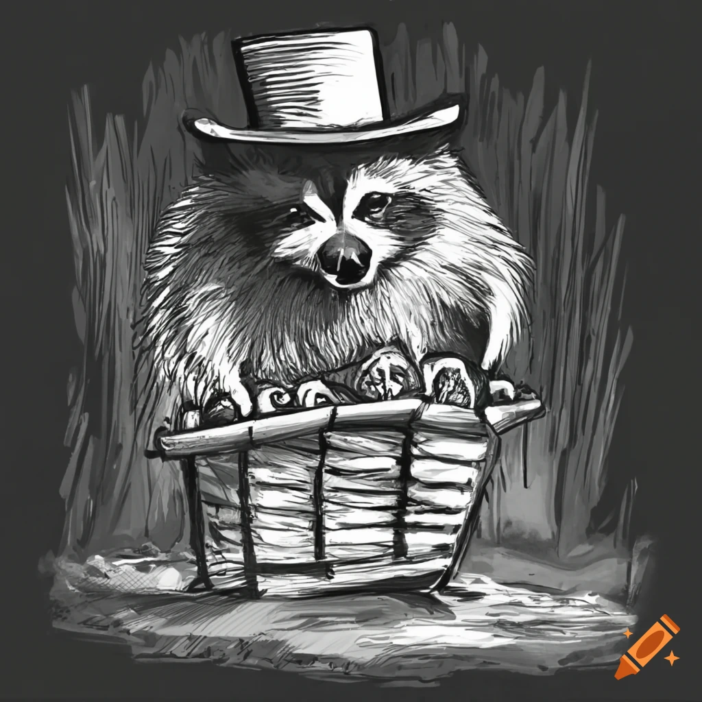 Raccoon in a top hat selling vegetables on a wilderness road