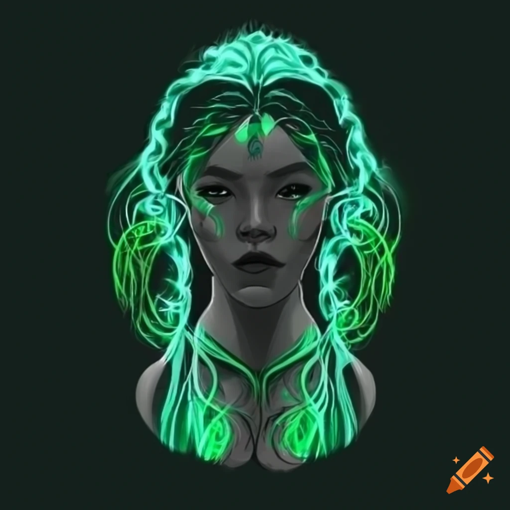 Organic styling logo with a woman drawing from the back with beautiful Viking braids in black and green tones