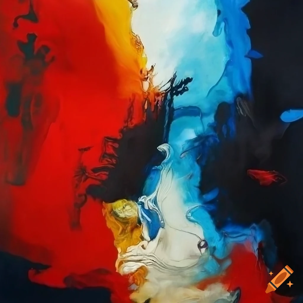 Abstract art by Rauschenberg with influences from Yoshitaka Amano and Zao Wou-Ki, red, black, yellow, blue, white motif