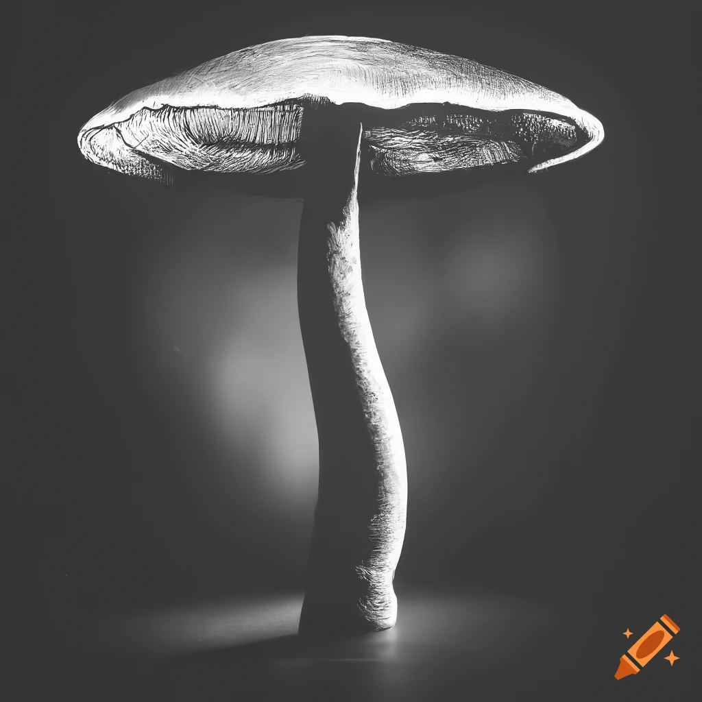 High contrast scratchboard illustration of a melancholic backlit silhouette mushroom model in a