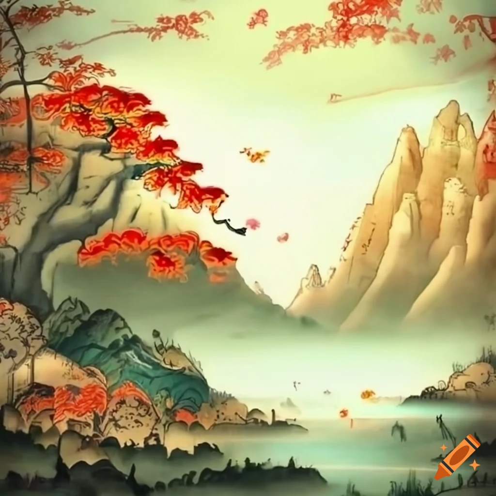 Chinese landscape with mountains, butterflies, trees, and a dragon in traditional art style