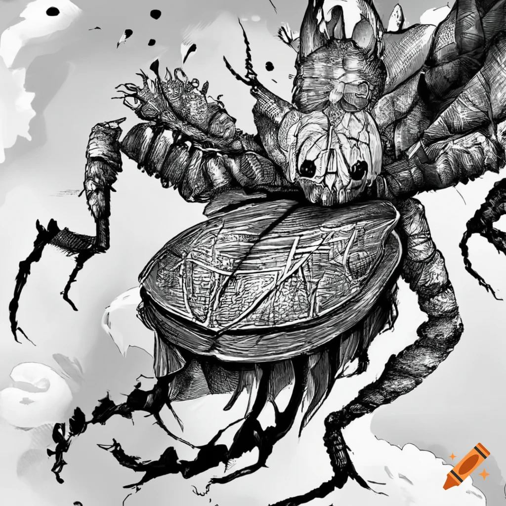 Giant domesticated insect in black & white manga style on Craiyon