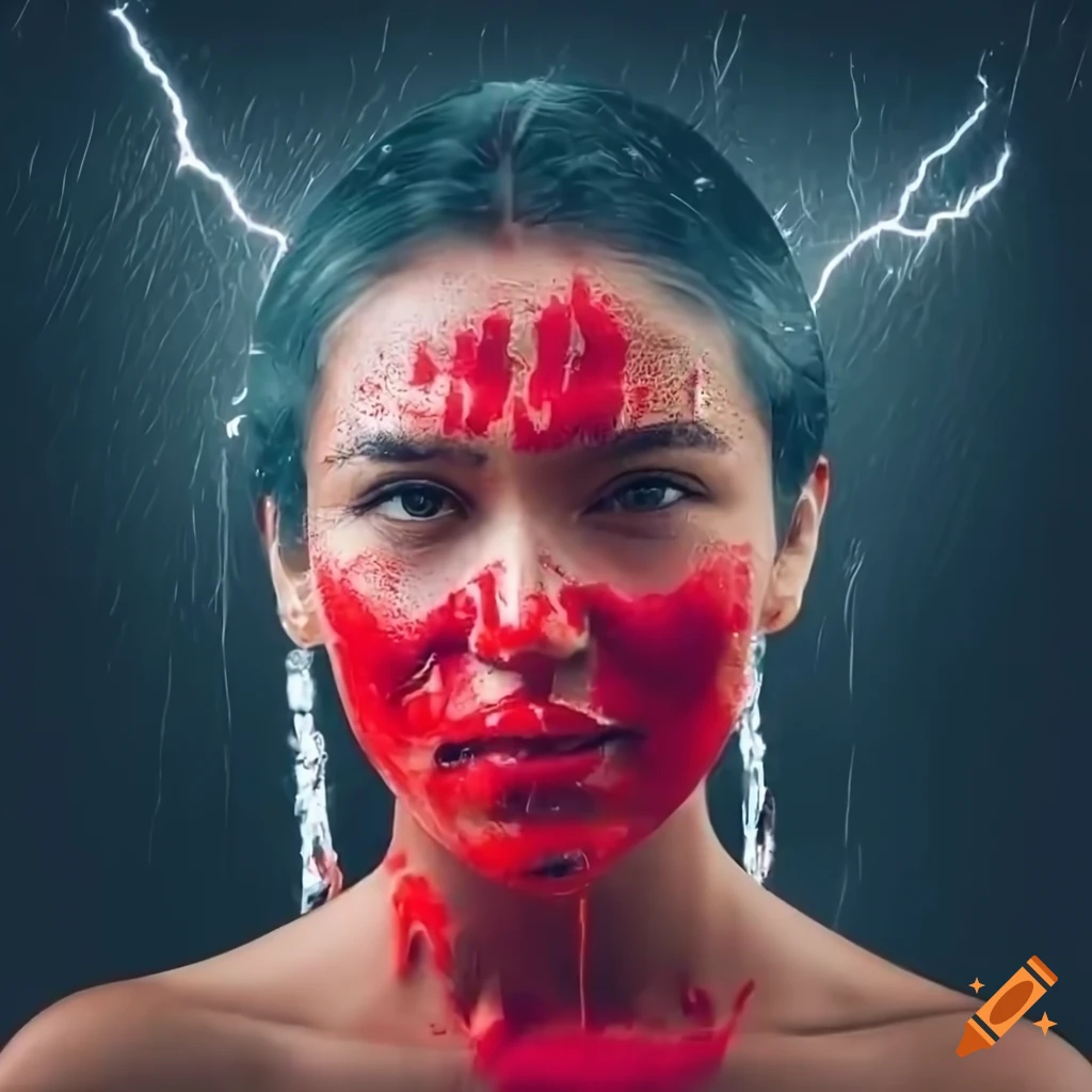 Portrait of a native american woman with a red handprint in the rain