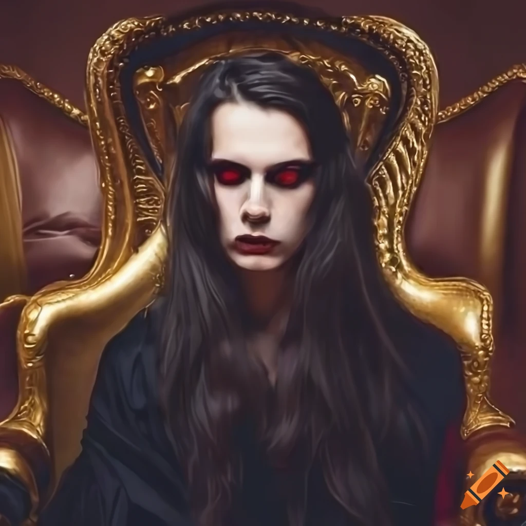 Young handsome vampire in black robe sitting in a golden armchair