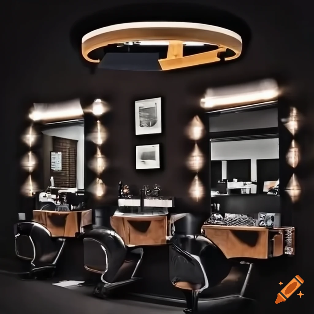 Modern barber shop interior with ring lights