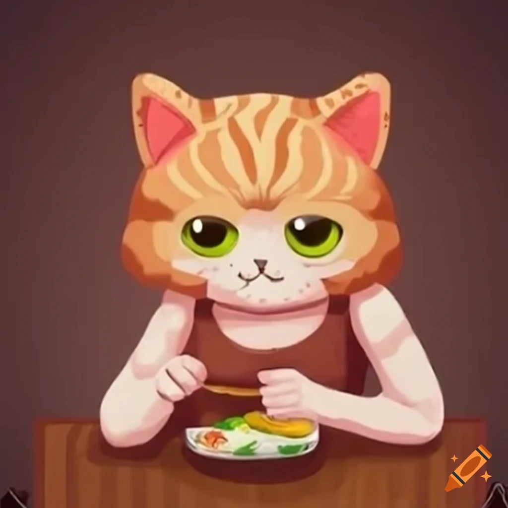 Ginger cat flying tall and eating lunch at a sushi bar