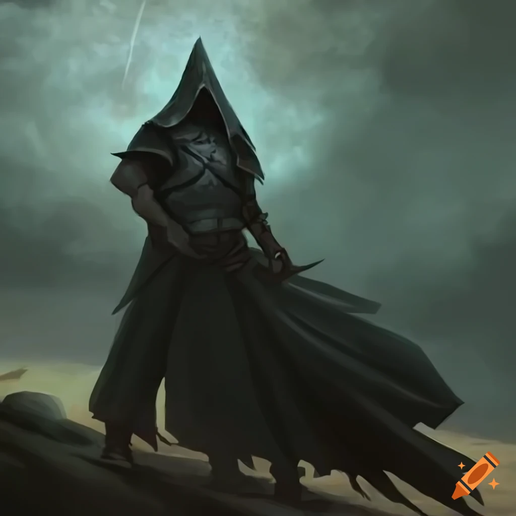 Dark sorcerer resembling death with an iron magical staff in barren lands