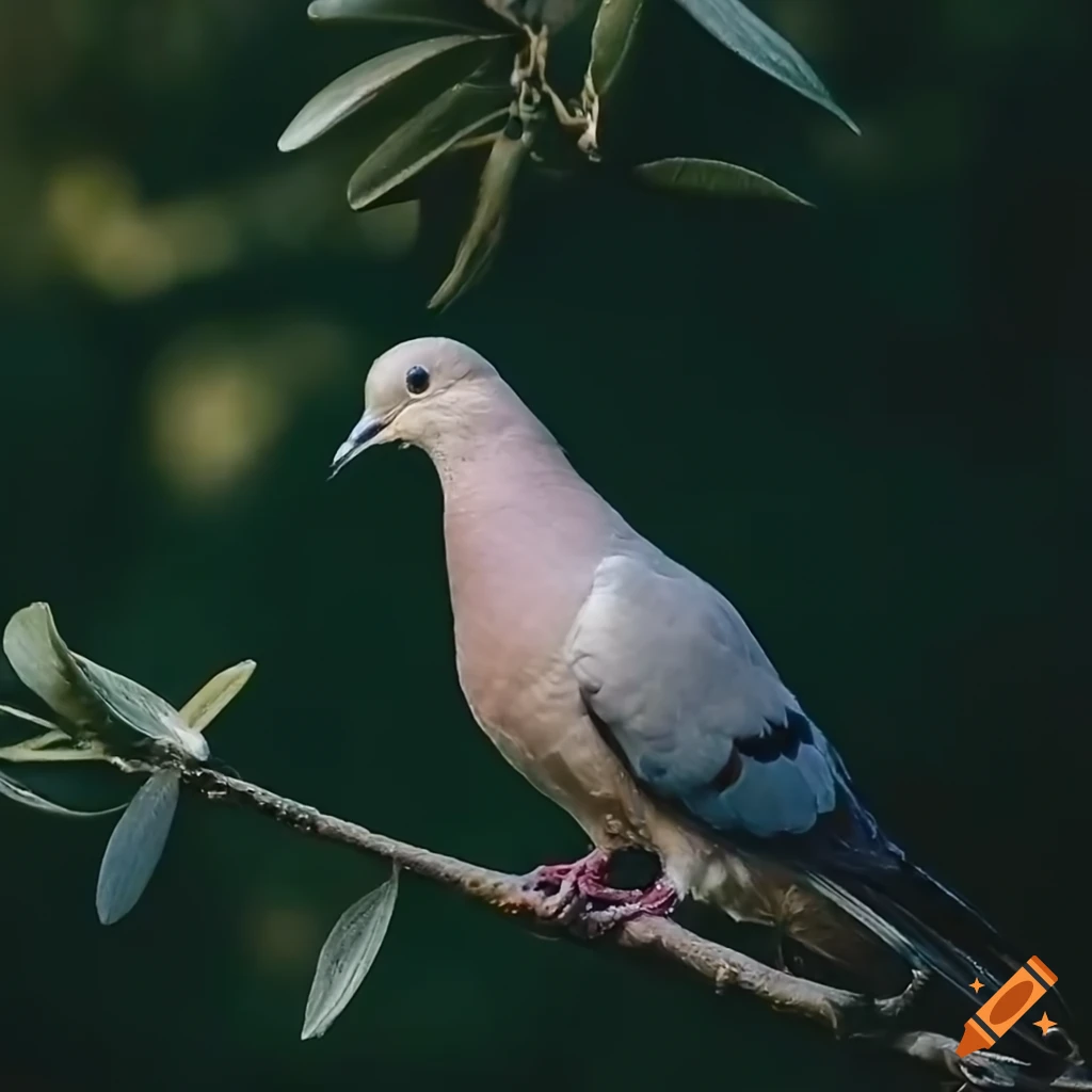Close-up hyperrealistic photo of a dove with an olive branch, intricate detail