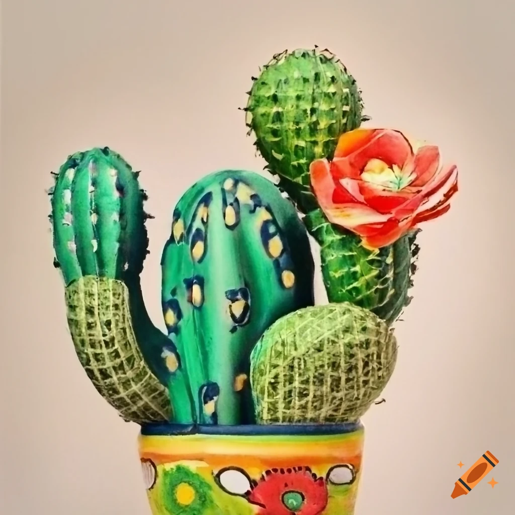 Green cactus with Page of Cups tarot card and talavera paper flower