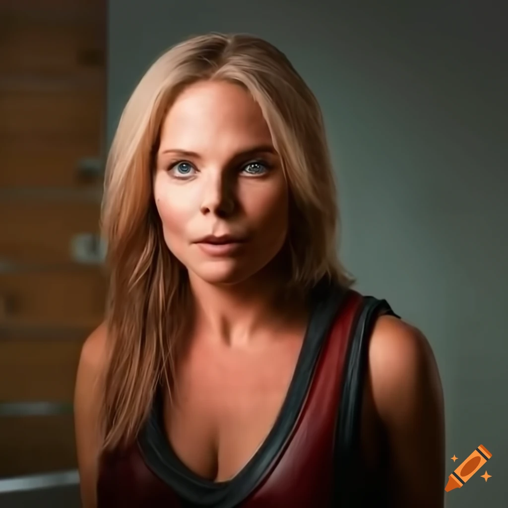 Blonde actress resembling Samantha Womack in a farmhouse kitchen setting