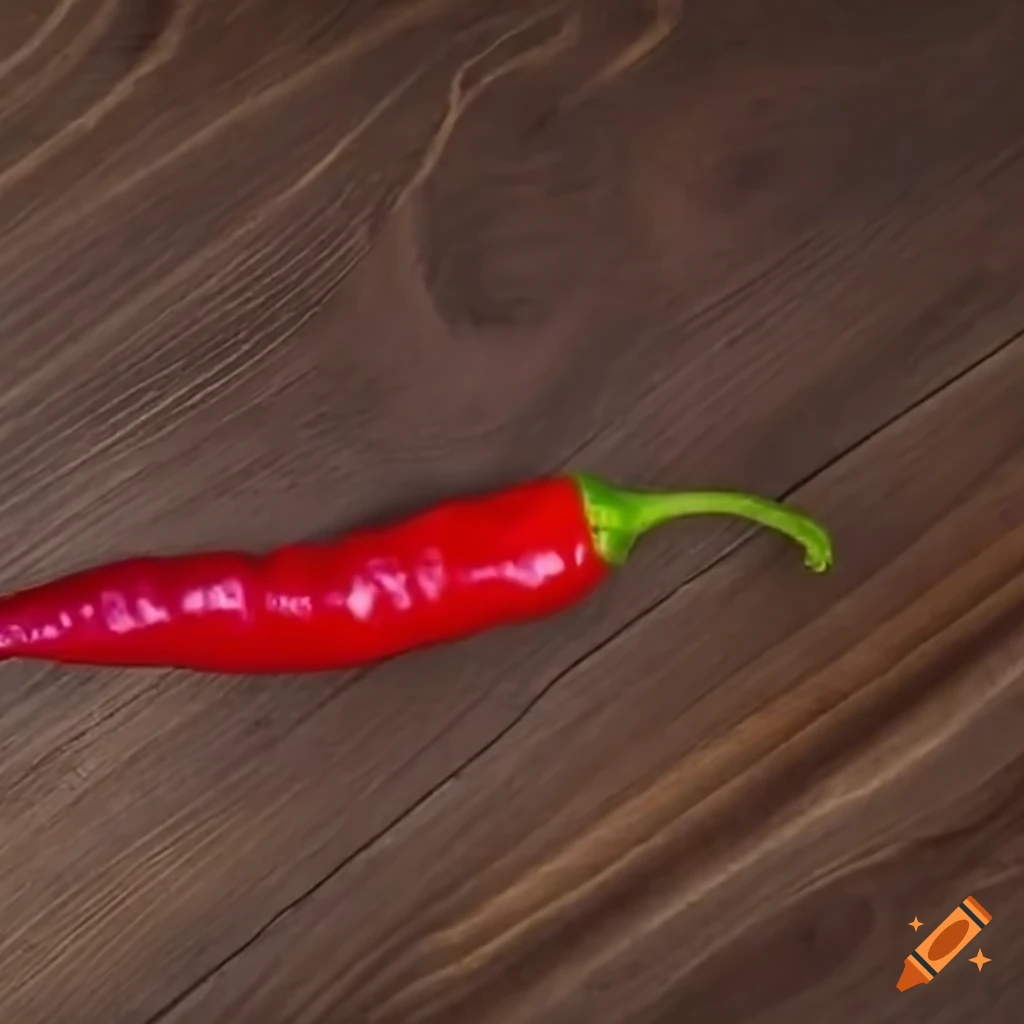 Single chili pepper on wooden table from top view