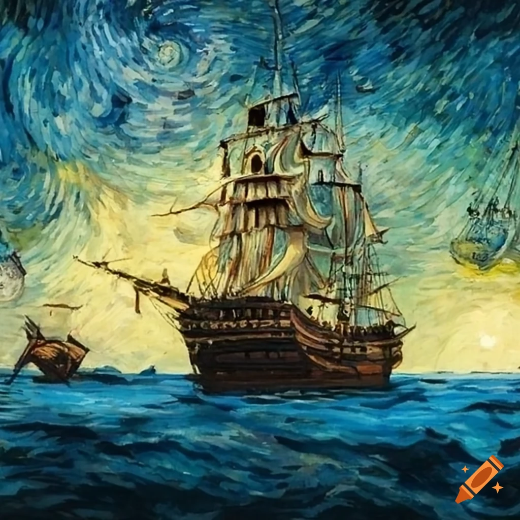 Pirate ship depicted in Van Gogh style artwork