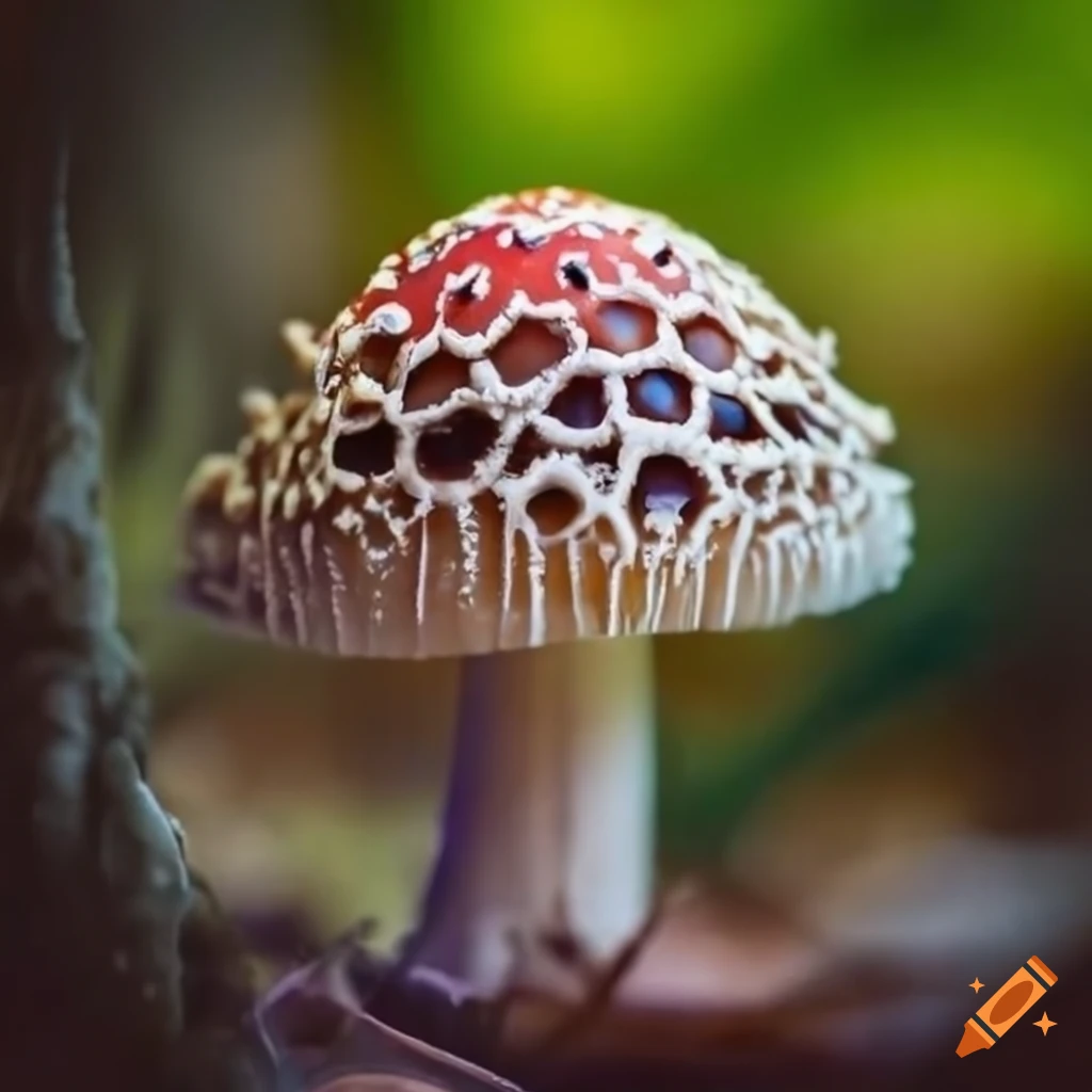 Close-up of a delicate, poisonous mushroom with intricate patterns