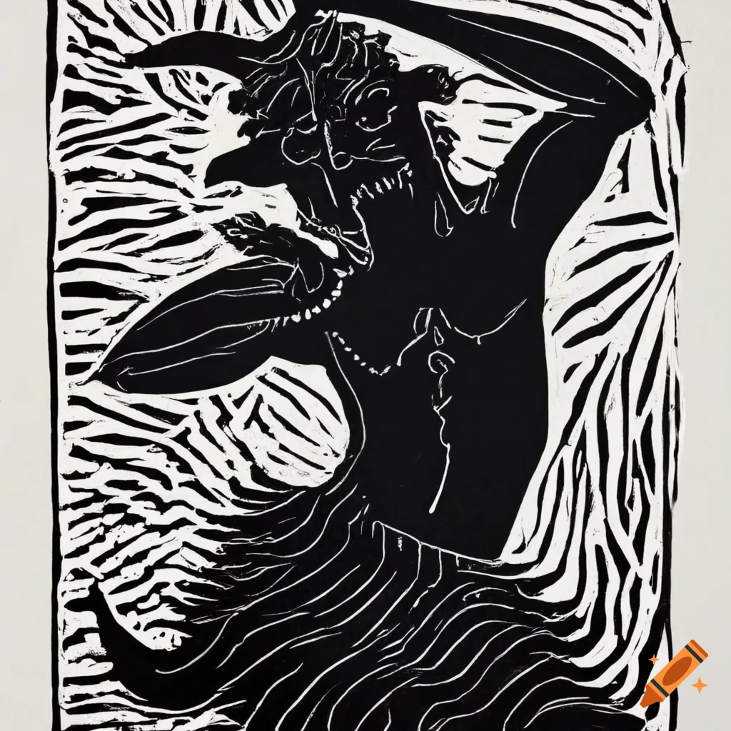 Silhouetted satyr character in black and white lino print