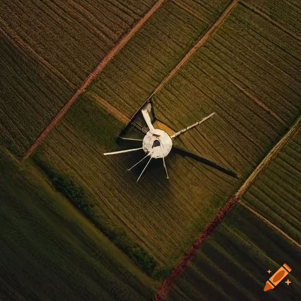 Aerial view of a windmill in a field