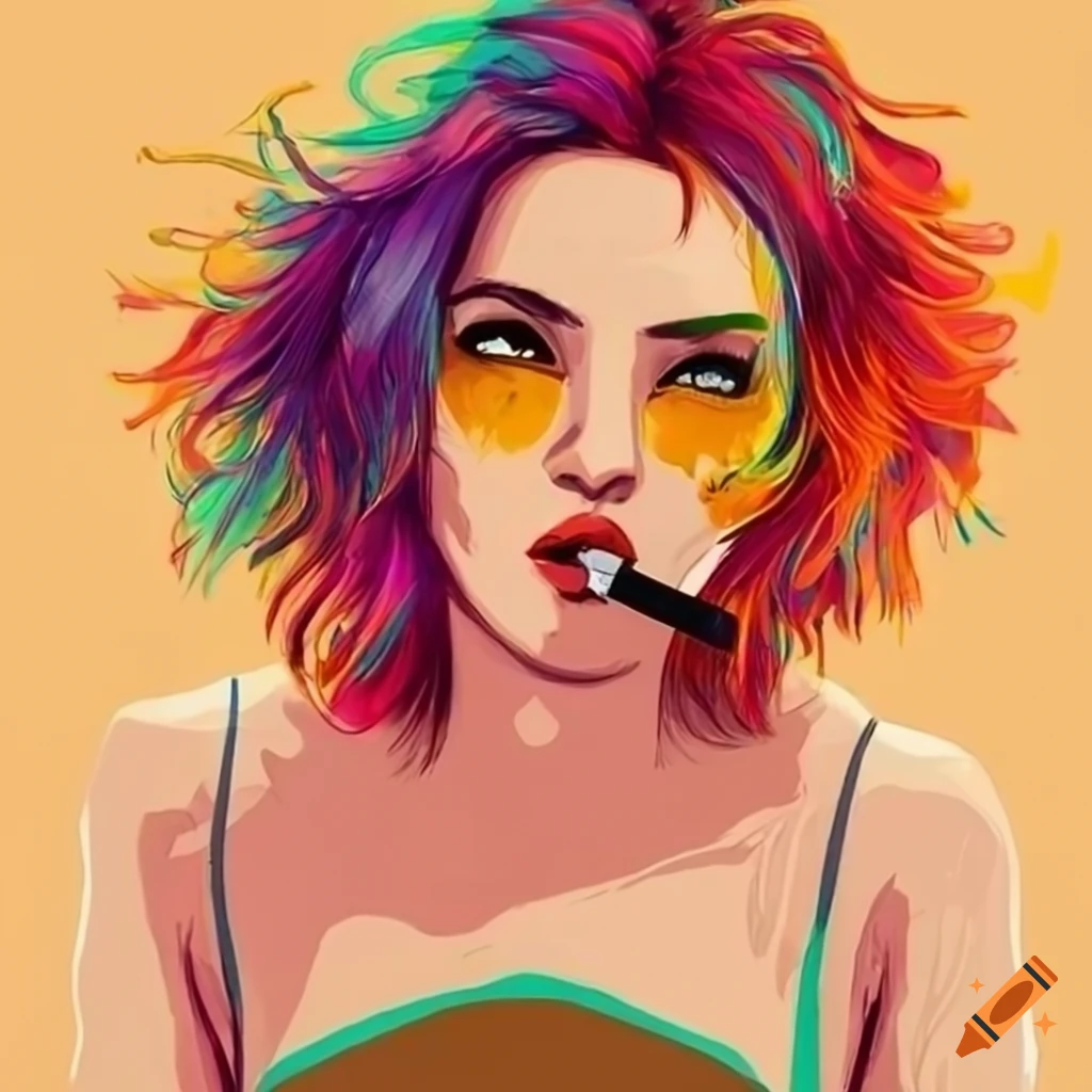 Graphic art illustration of a character with colorful hair in cool girl pose with a cigarette