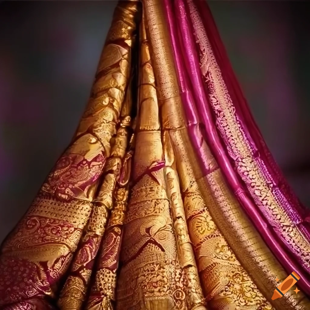 Display of intricate silk sarees and ancient Indian jewelry