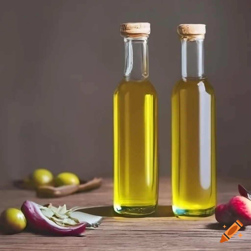 Exquisite olive oil photoshoot with glass bottles on rustic table with fruits and herbs