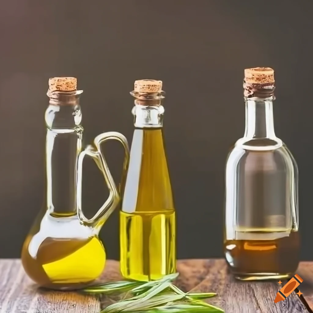 Exquisite olive oil photoshoot with glass bottles on rustic table with fruits and herbs