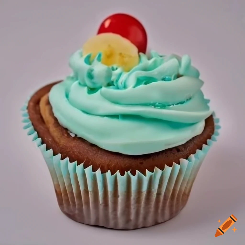 Banana split sundae cupcake on a white background
