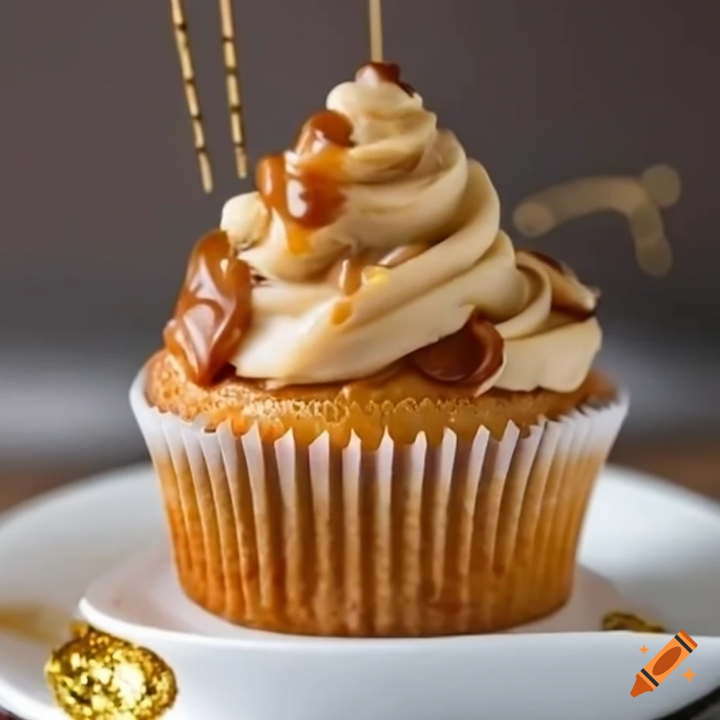 Tan cupcake with caramel chunks and gold drizzle