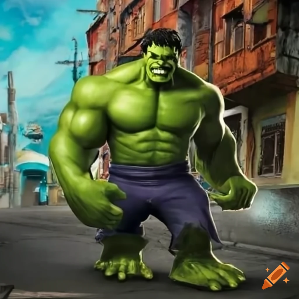 Hulk riding a motorcycle on the streets of Guatemala in Pixar style