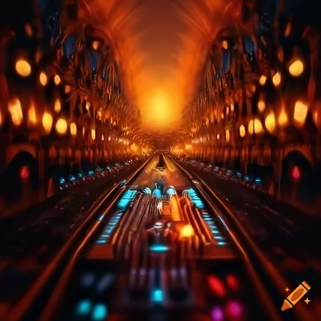 Photorealistic symmetrical electric donkey synthesizer in a dark smoky nightclub